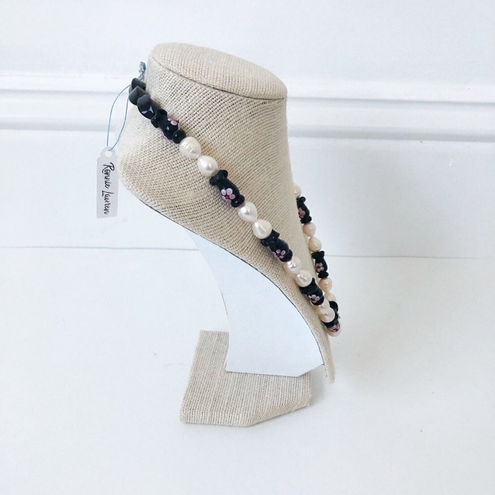 NWT Genuine Pearls, Black Onyx & Painted Ceramic Beads Necklace Floral White - Picture 3 of 5